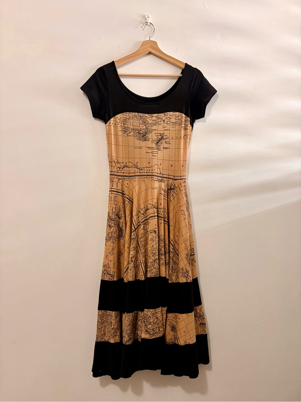 Black & Tan Map-Print Fit-and-Flare Midi Dress